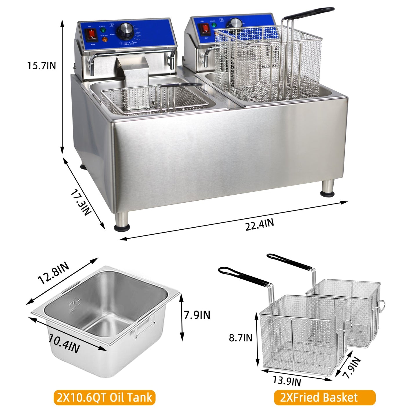 EasyRose 23.6L 商用油炸锅带篮子 1800W 电动油炸机,ETL