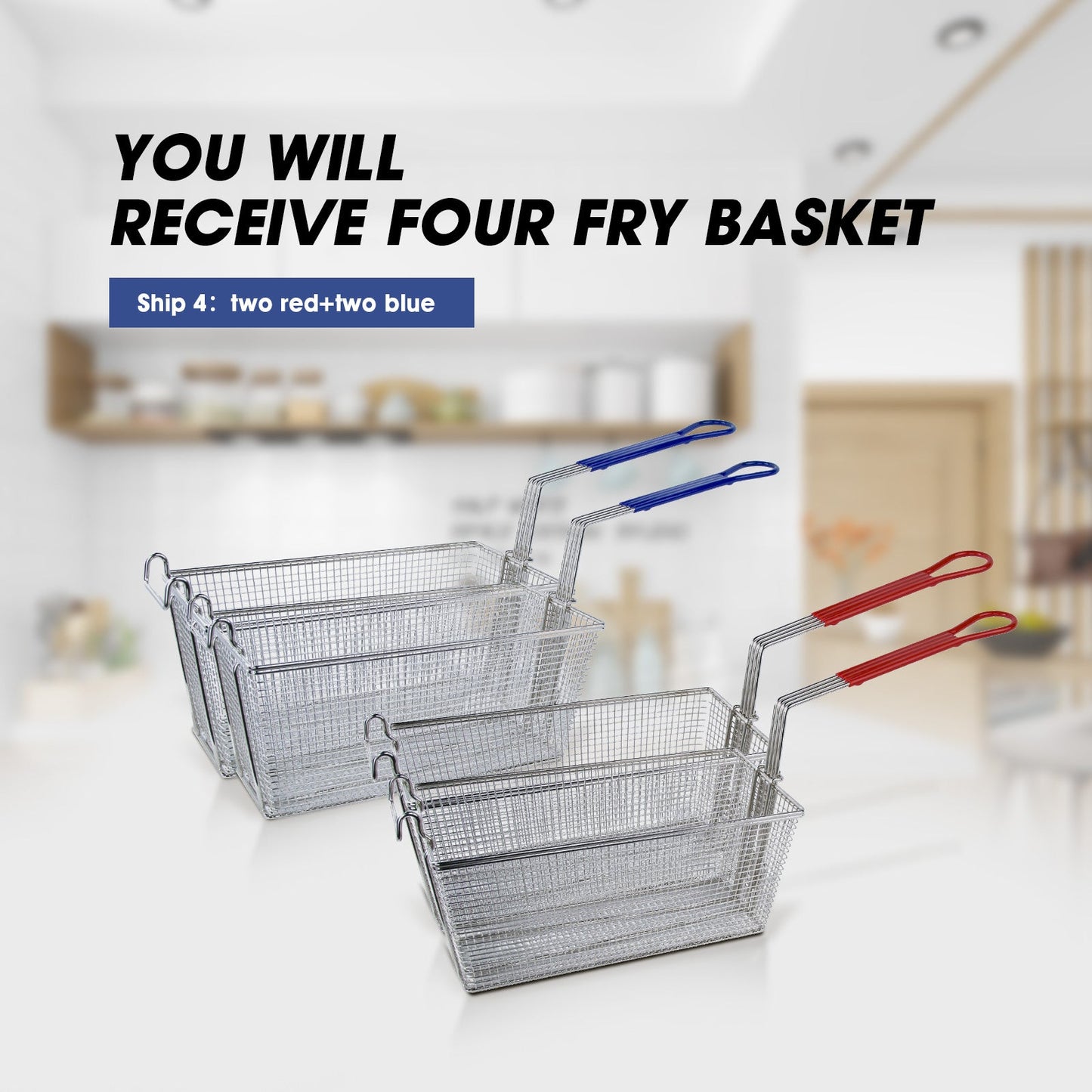 EASYROSE 4Pcs Commercial Deep Fryer Basket with Non-slip Handle, 13¼" x 6½" x 6" Nickel Plated French Fries Basket for Restaurant Kitchen
