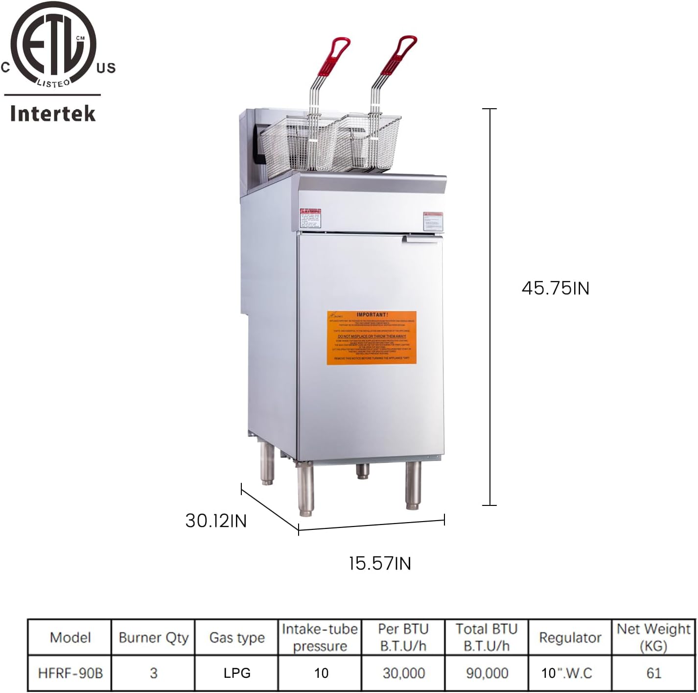 EASYROSE 商用 LPG 燃气油炸锅 40-50 磅容量 3 个燃烧器 90000 BTU ,ETL 认证