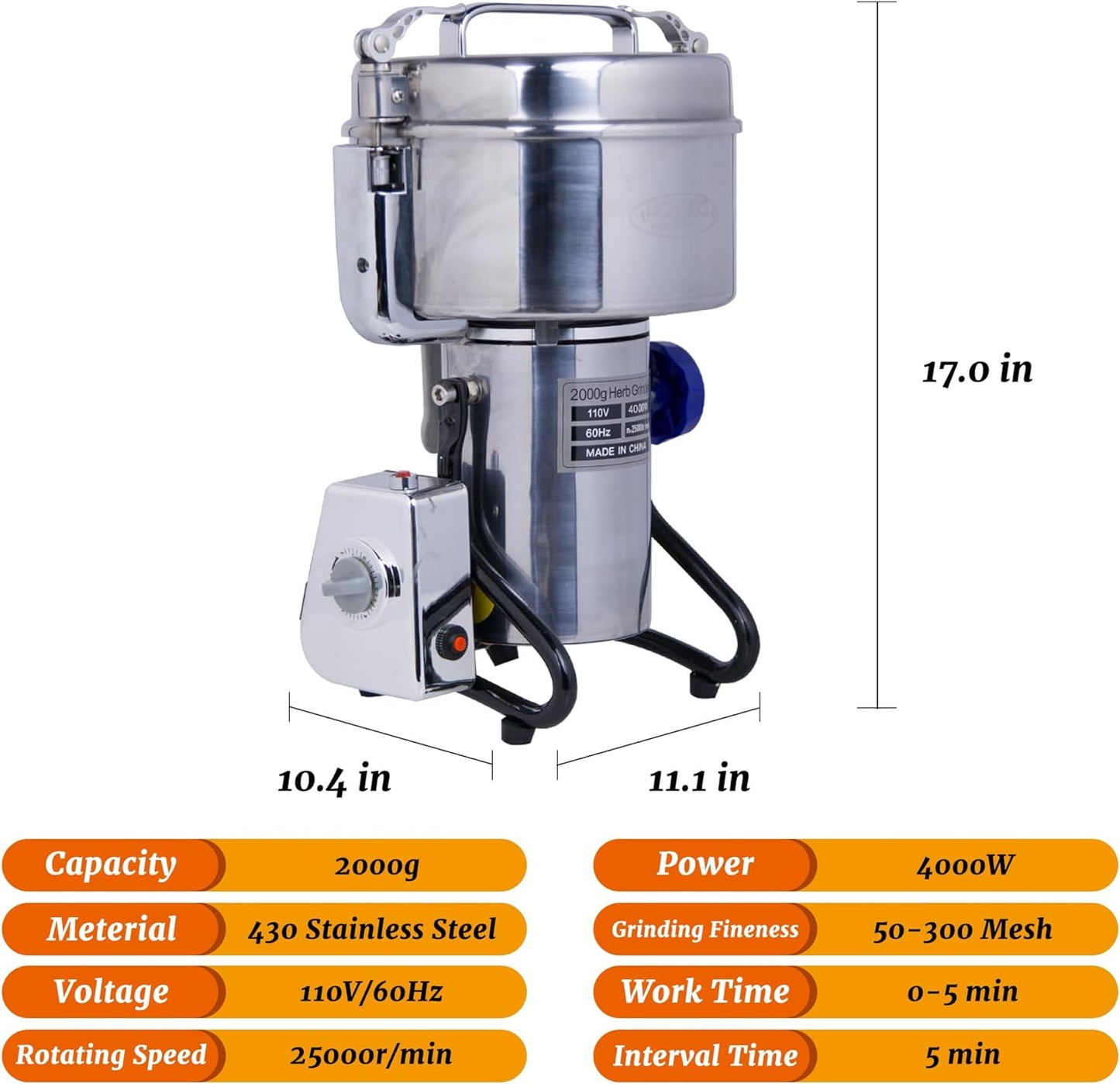 Hakka Grain Mill 2000g High Speed Food Electric Stainless Steel Powder MillSeeds Flour Nut Pill Wheat Corn Herbs Spices Powder Machine,4000W