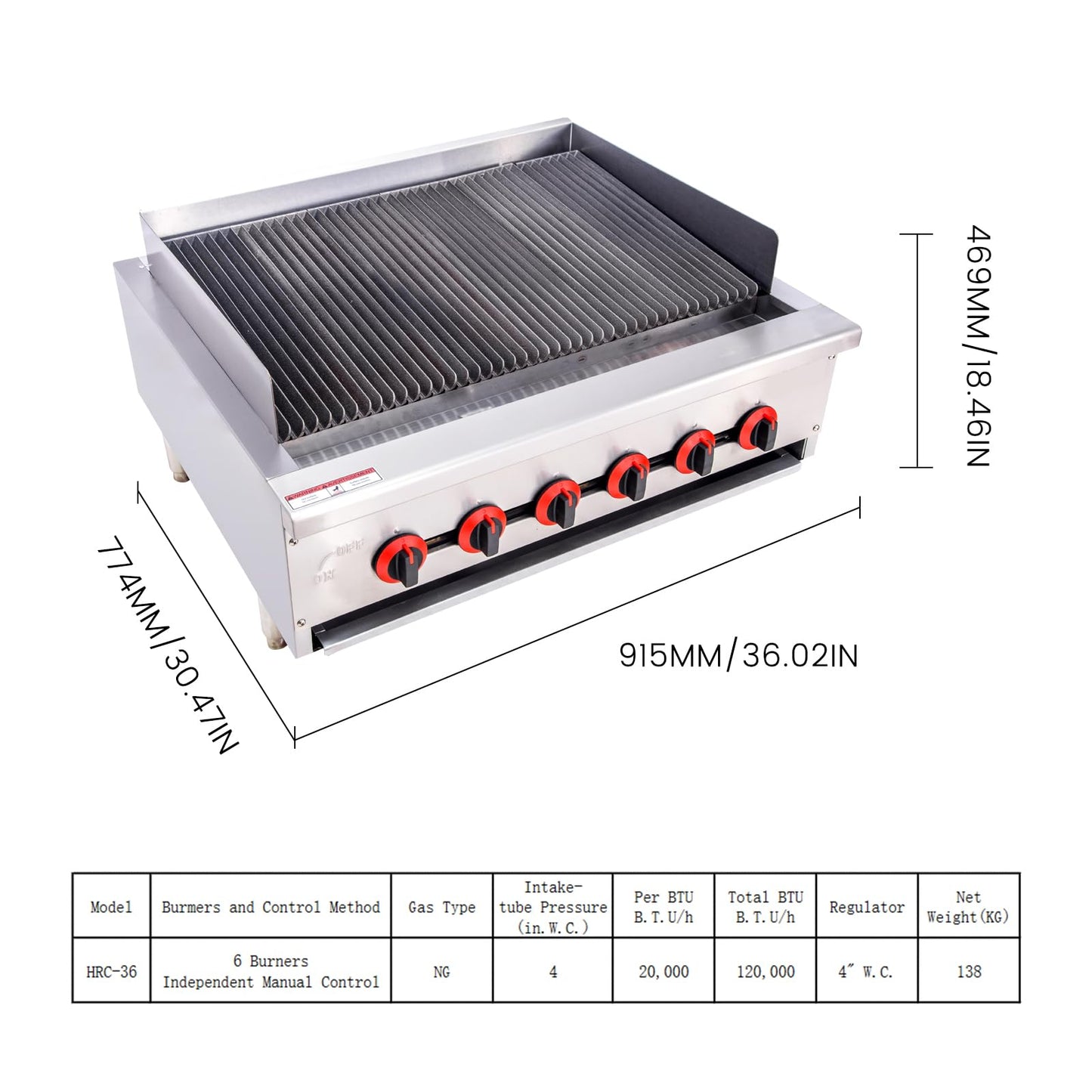 EASYROSE 36" Gas Radiant Charbroiler Grill Countertop Gas with 6 Burner 120,000 BTU, ETL Certified