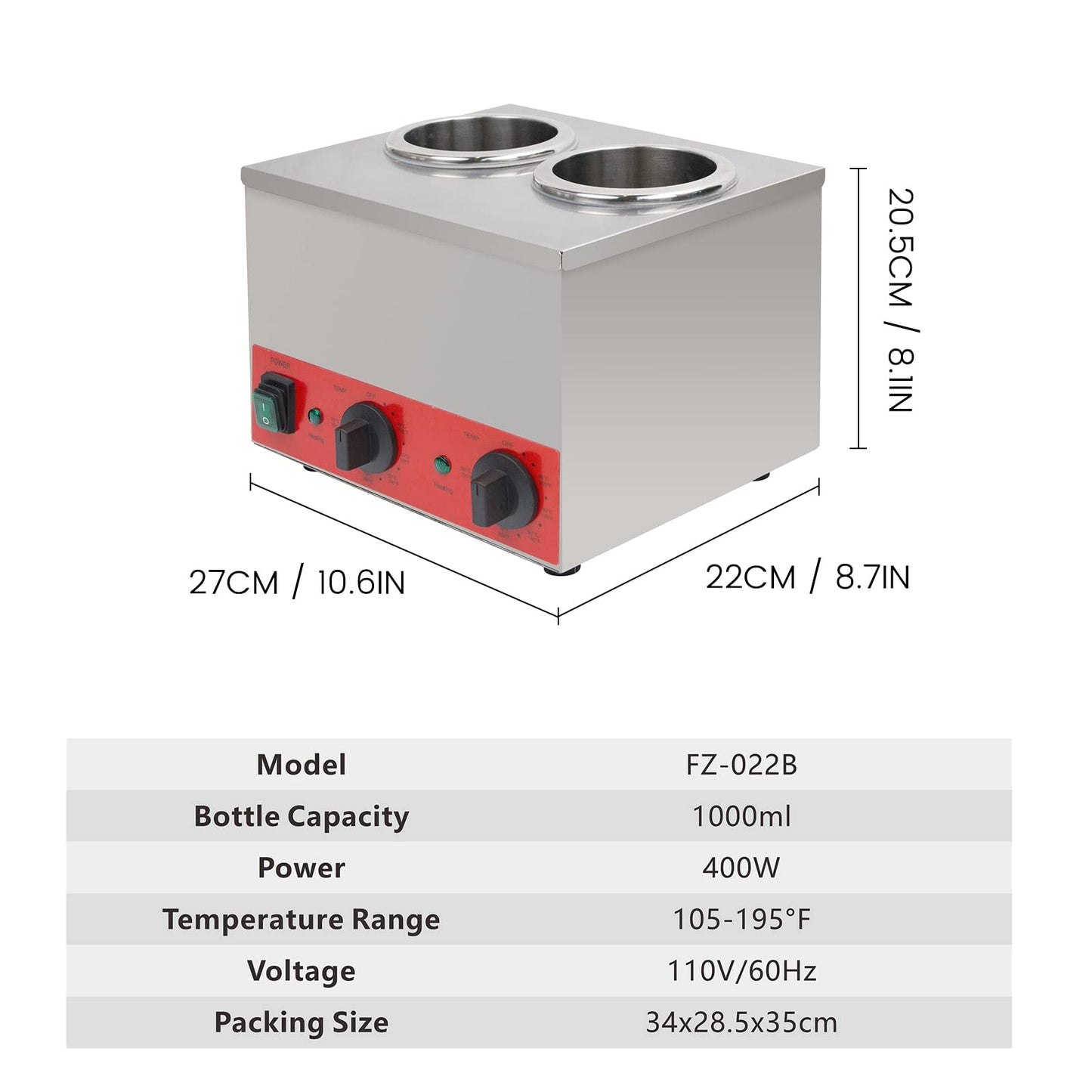 EASYROSE 酱汁奶酪加热器 商用双挤压浇头瓶加热器 2 格