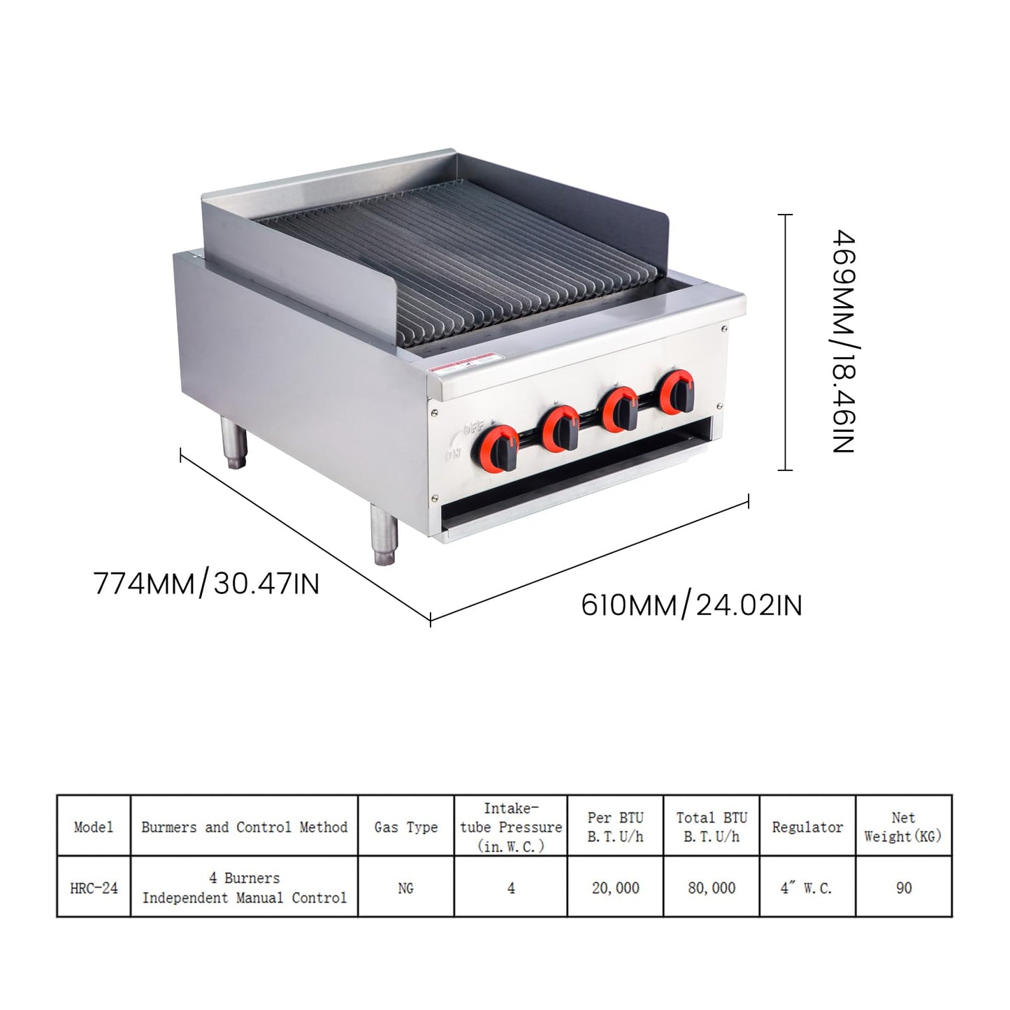 EASYROSE 24" Radiant Gas Charbroiler Countertop Gas Grill with 4 Burners 80,000 BTU, ETL Certified