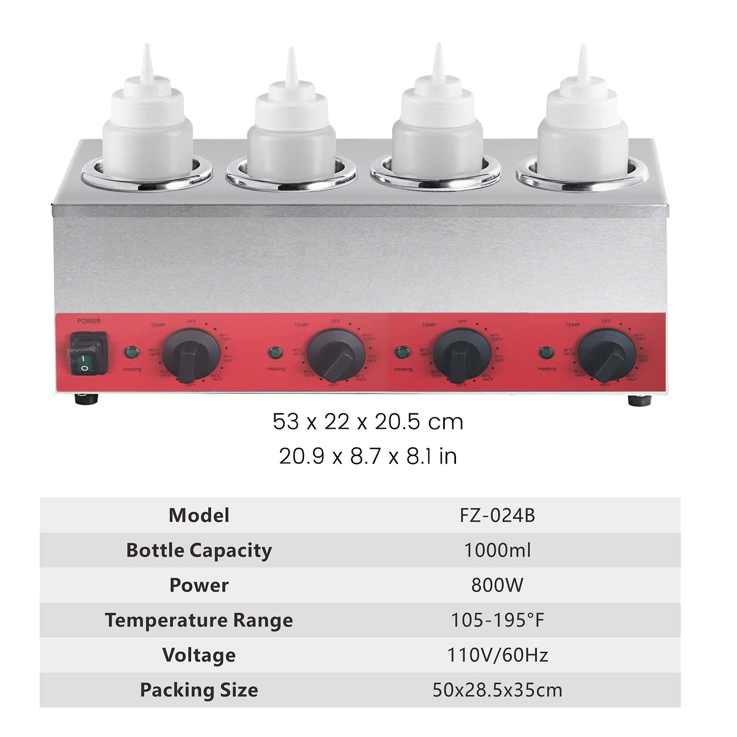 EASYROSE 电动酱汁加热器挤压瓶加热器玉米片奶酪分配器加热器,果酱巧克力黄油保鲜机 105-195℉,110V(4 格),FZ-024B