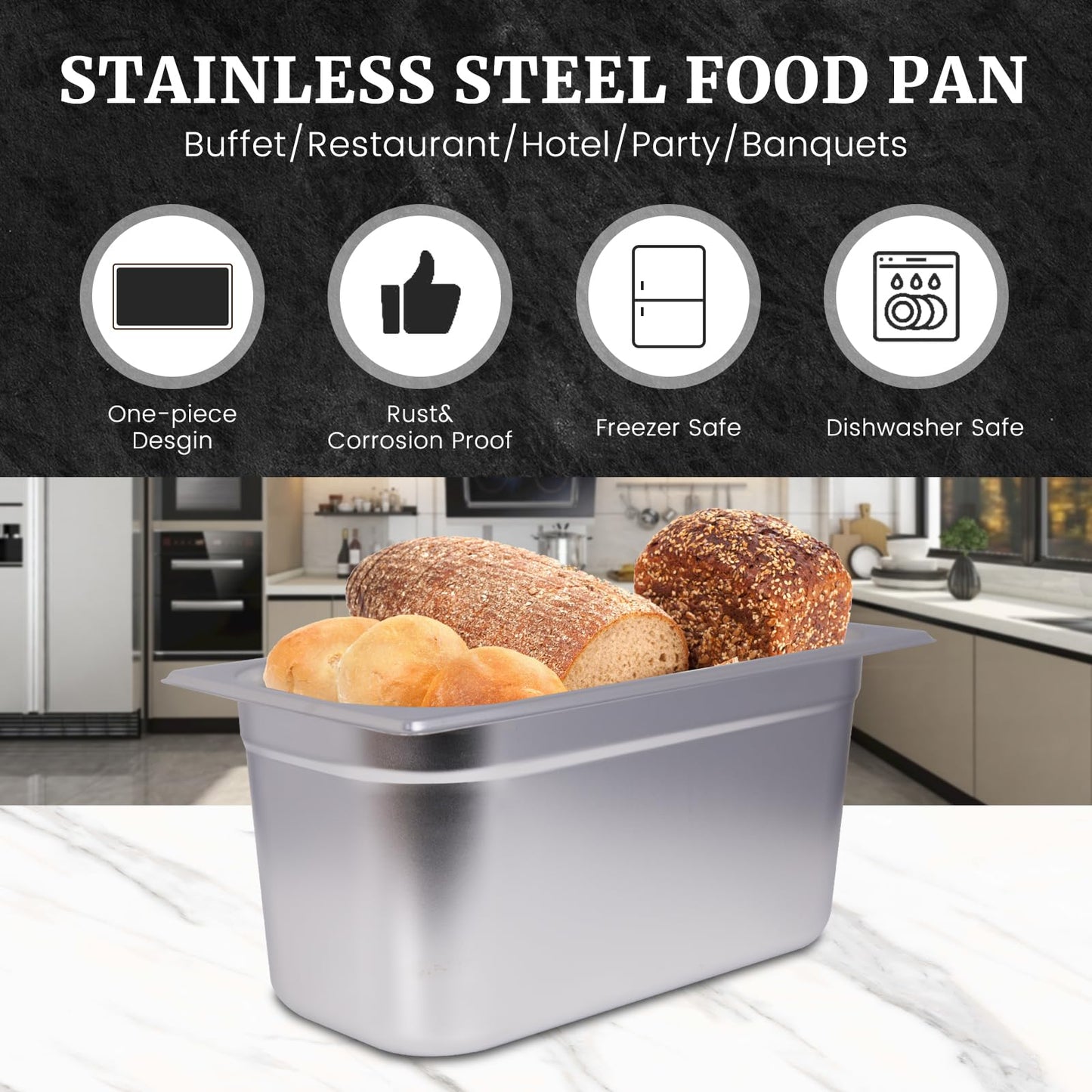 Clivia 1/3 Size Stainless Steel Food Pans,6"Deep Food Containers- Pack of 6