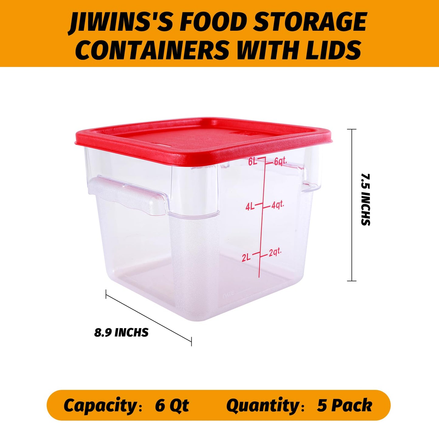 Clivia 6 Qt Commercial Grade Square Food Storage Containers with Lids,Polycarbonate,Clear - Case of 5