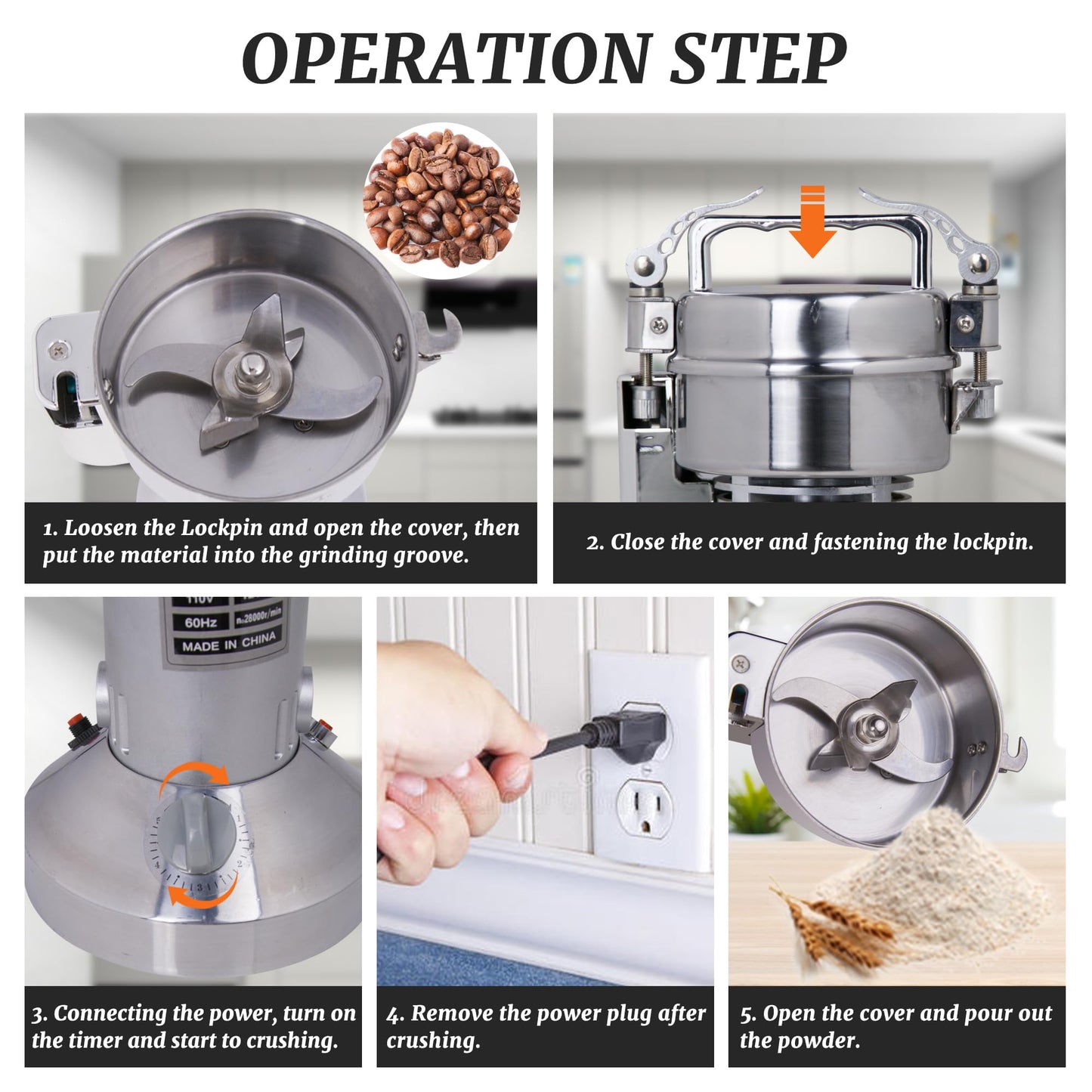 Hakka Grain Mill 200g High Speed Food Electric Stainless Steel Powder MillSeeds Flour Nut Pill Wheat Corn Herbs Spices Powder Machine,1200W