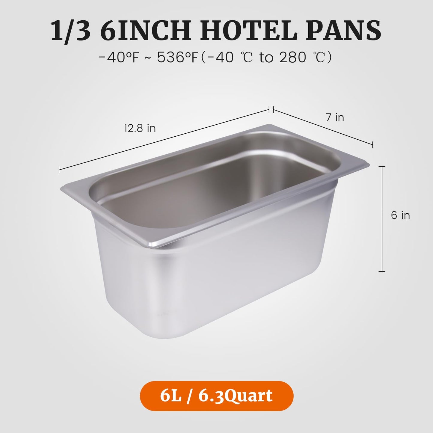Clivia 1/3 Size Stainless Steel Food Pans,6"Deep Food Containers- Pack of 6