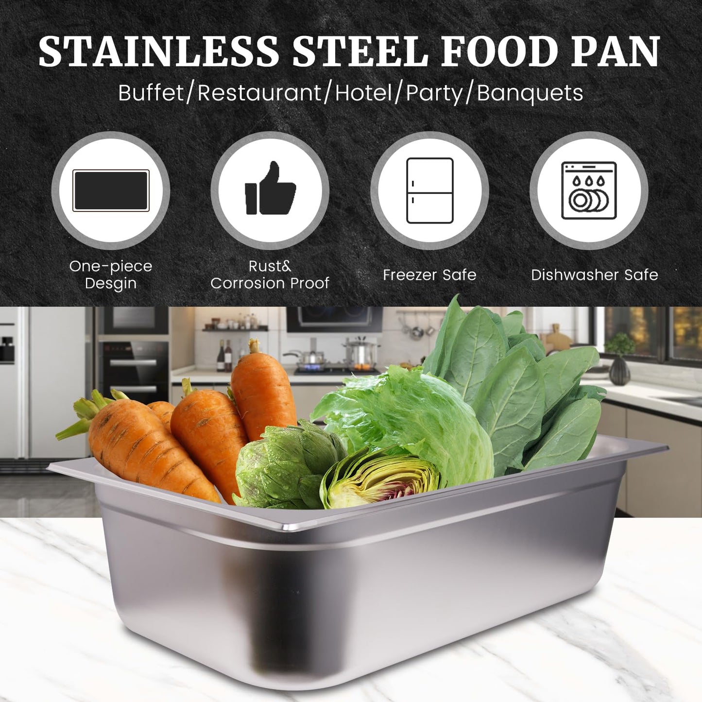 Clivia 1/1 Size Stainless Steel Food Pans,6"Deep Food Containers- Pack of 6