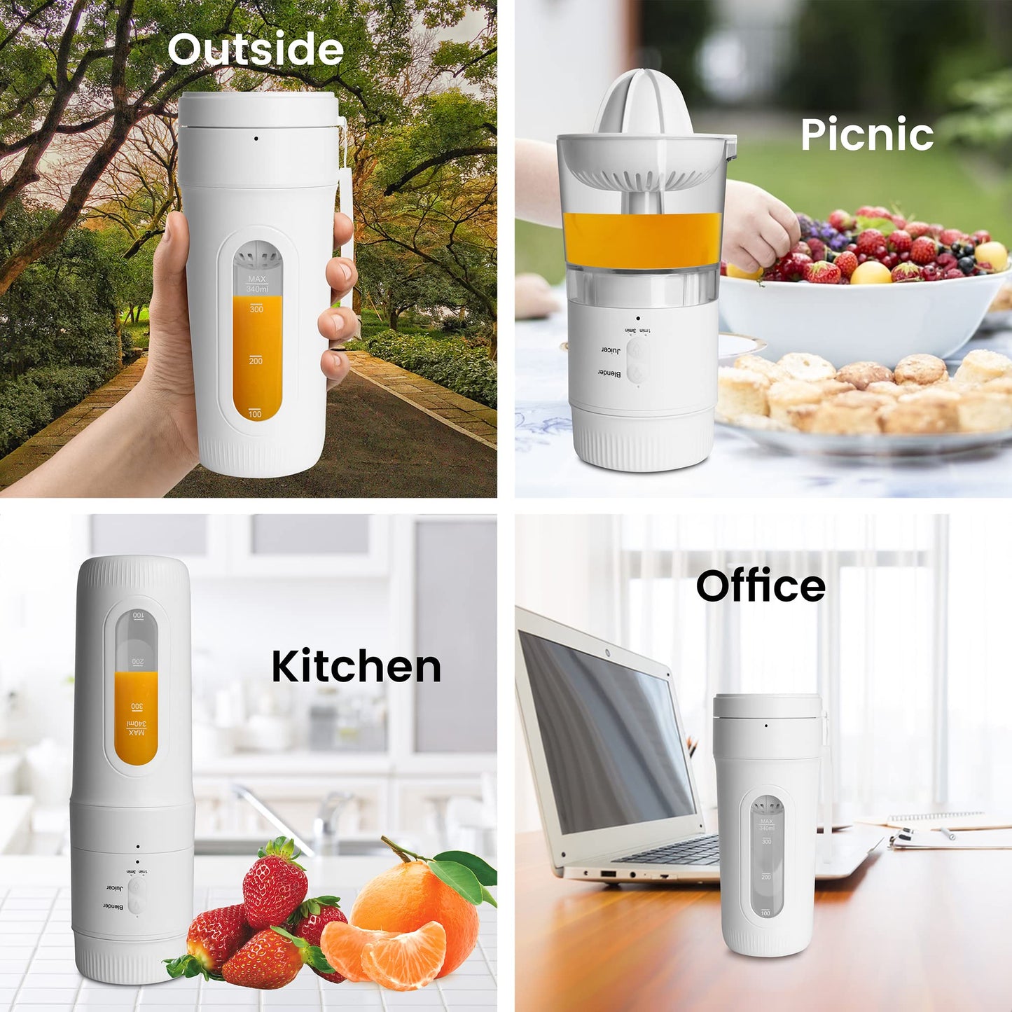 Hakka Portable Blender 3 in 1 Personal Blender, 12oz Fresh Juice Mini Blender for Shakes and Smoothies with USB Type-C Rechargeable, White