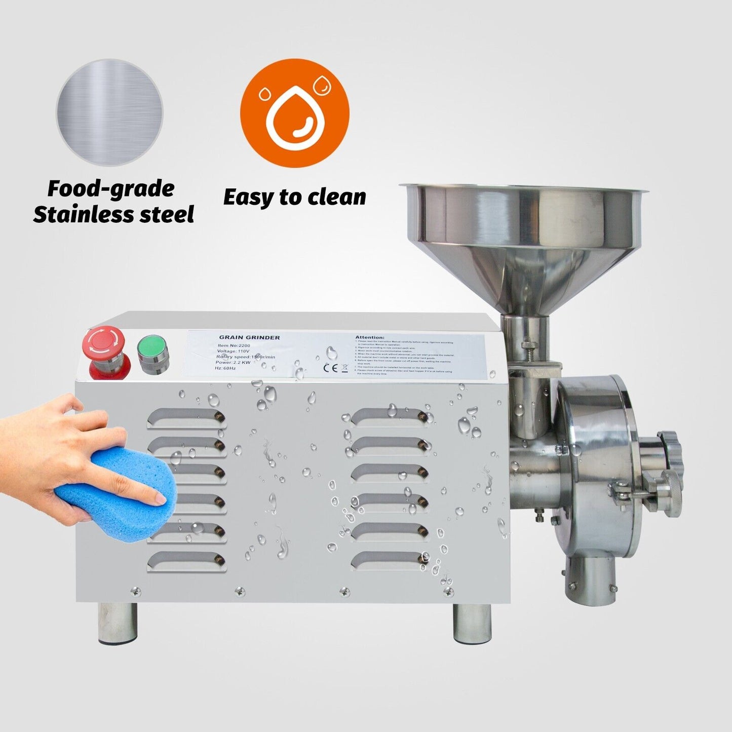 Hakka 2200W Commercial Grain Mill Electric Grain Grinder 30-50kg/h Grain Grinding Machine Stainless Steel Flour Milling Machine for Dry Grains Cereals Coffee Corn Pepper Herb