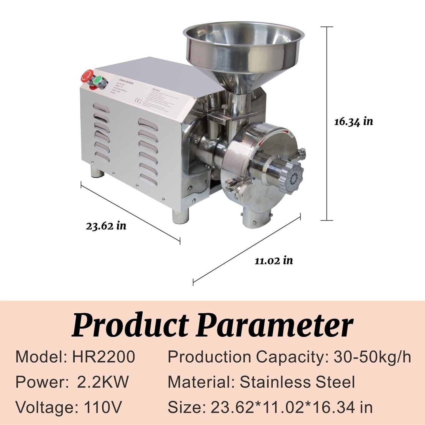 Hakka 2200W Commercial Grain Mill Electric Grain Grinder 30-50kg/h Grain Grinding Machine Stainless Steel Flour Milling Machine for Dry Grains Cereals Coffee Corn Pepper Herb