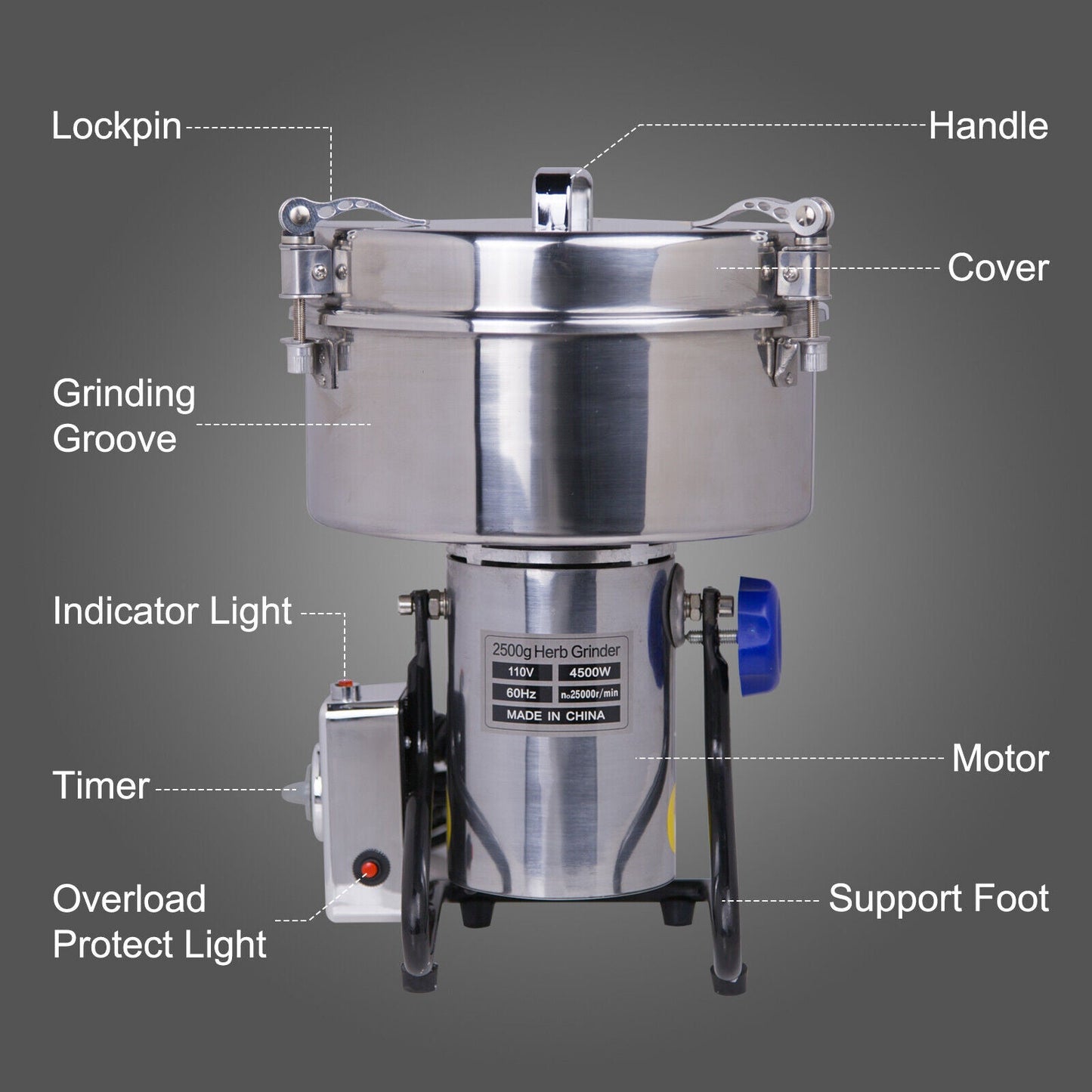 Hakka Grain Mill 1000g High Speed Food Electric Stainless Steel Powder MillSeeds Flour Nut Pill Wheat Corn Herbs Spices Powder Machine,3000W