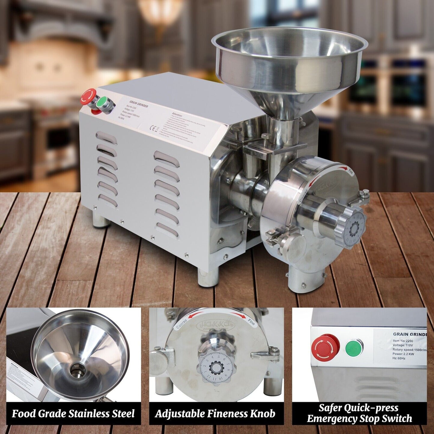 Hakka 2200W Commercial Grain Mill Electric Grain Grinder 30-50kg/h Grain Grinding Machine Stainless Steel Flour Milling Machine for Dry Grains Cereals Coffee Corn Pepper Herb