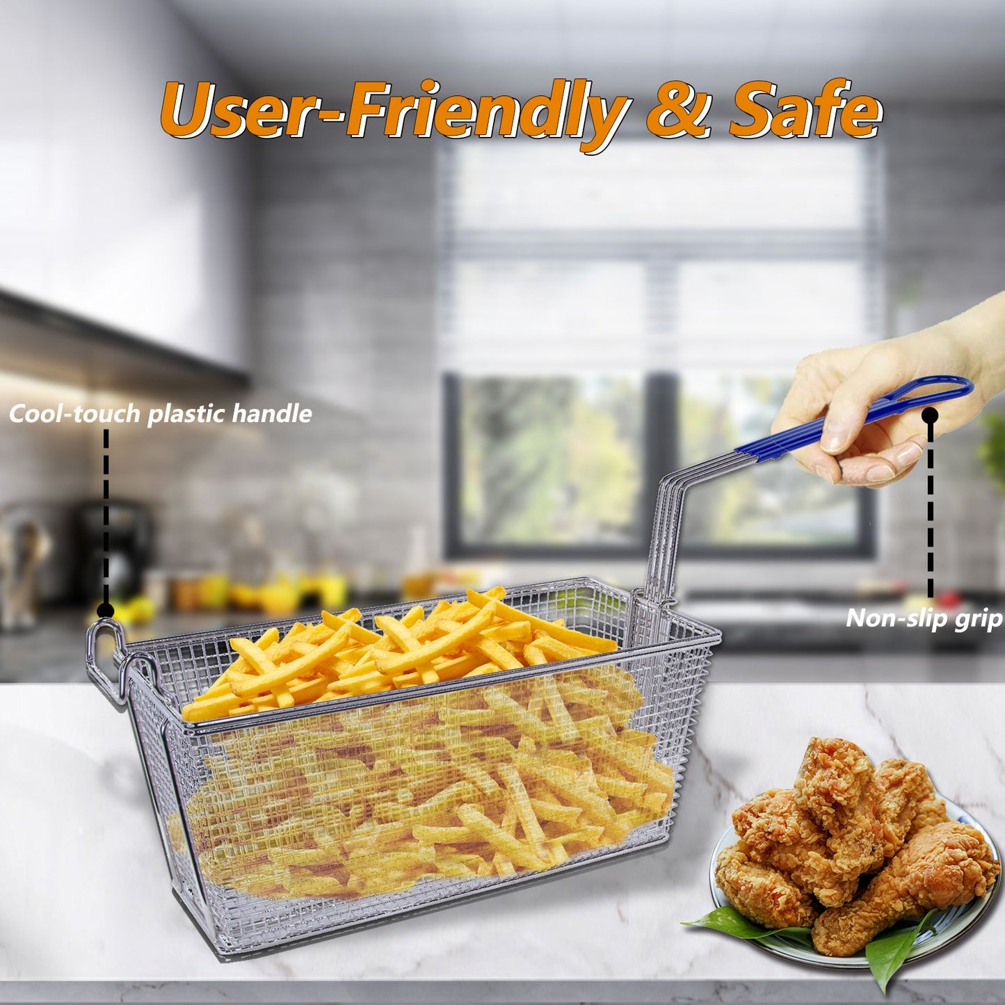 EASYROSE 4Pcs Commercial Deep Fryer Basket with Non-slip Handle, 13¼" x 6½" x 6" Nickel Plated French Fries Basket for Restaurant Kitchen