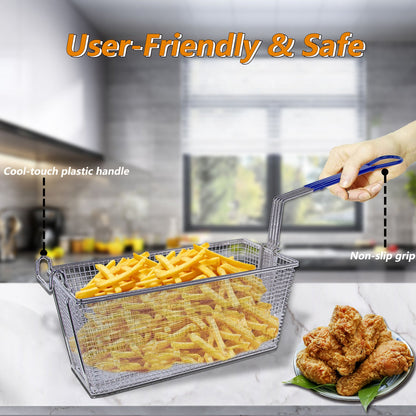 EASYROSE 4Pcs Commercial Deep Fryer Basket with Non-slip Handle, 13¼" x 6½" x 6" Nickel Plated French Fries Basket for Restaurant Kitchen