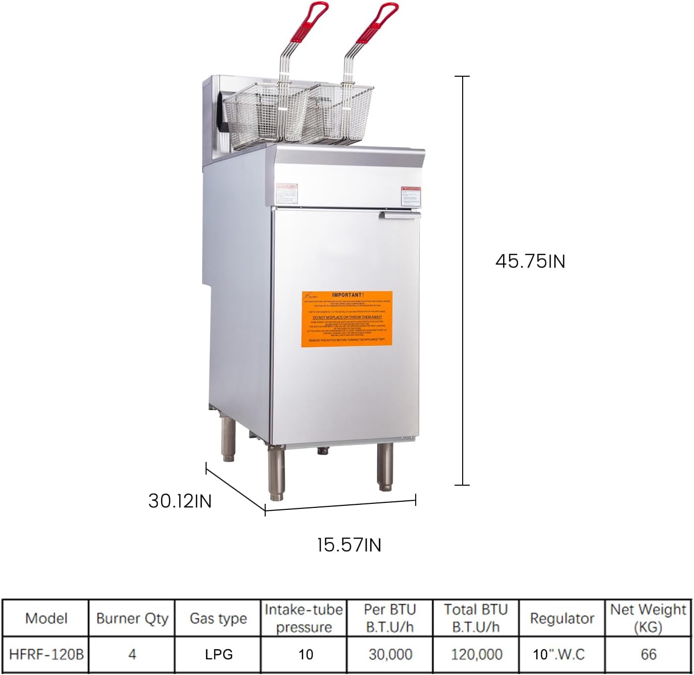 EasyRose 商用燃气油炸锅 4 燃烧器 45-55 磅液化石油气 120000 BTU，CSA / ETL 认证