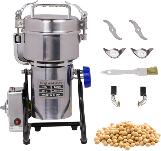 Hakka Grain Mill 800g High Speed Food Electric Stainless Steel Powder MillSeeds Flour Nut Pill Wheat Corn Herbs Spices Powder Machine，2400W