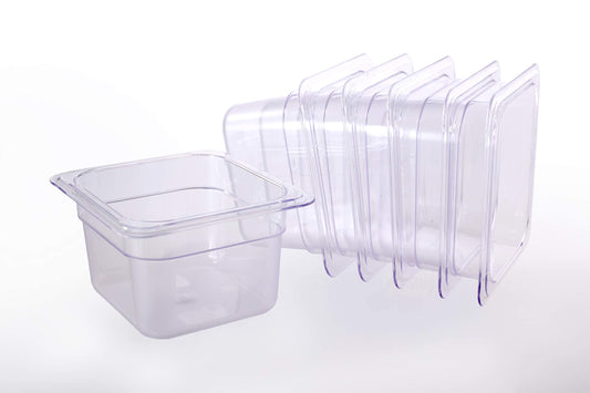 Clivia 6-Pack Food Pan 1/6 Size Clear Polycarbonate Food Pans 2.5" Deep Commercial Hotel Pans for Party, Restaurant, Hotel
