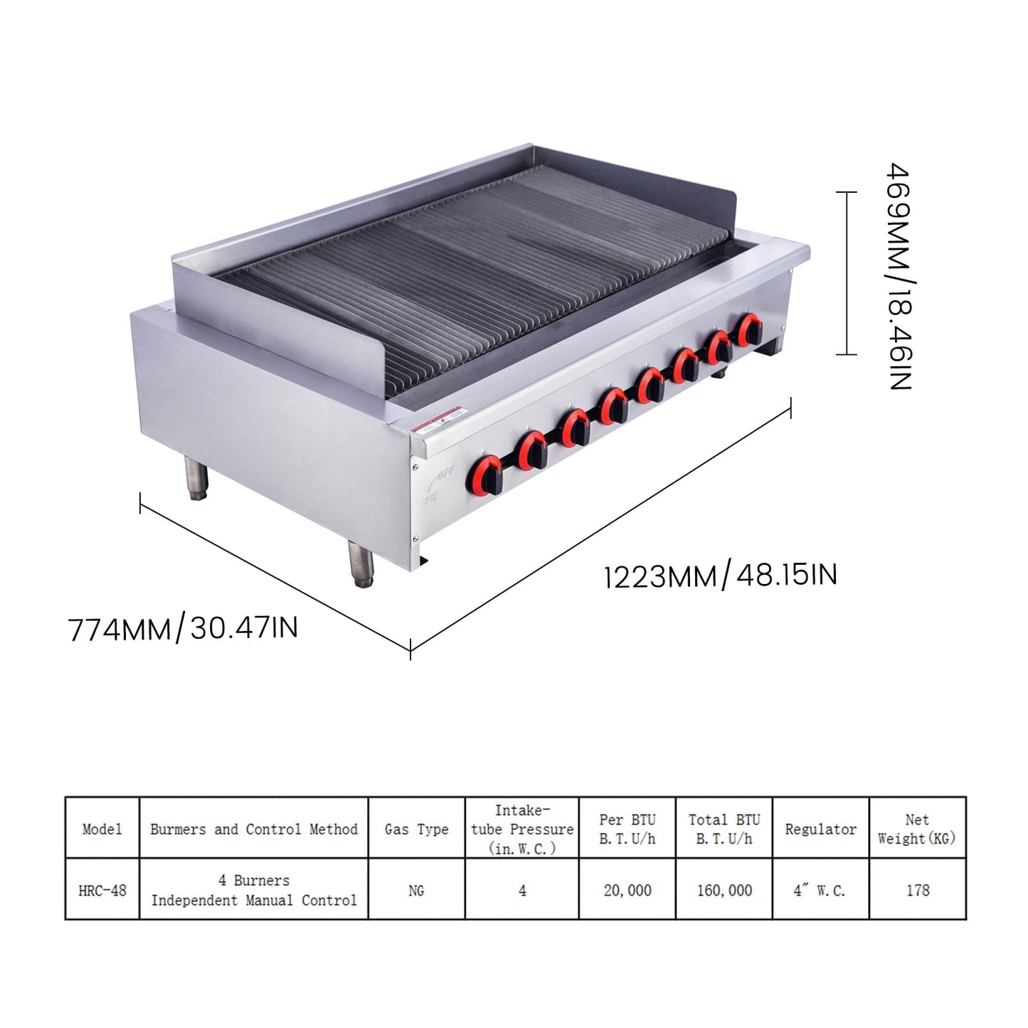 EASYROSE 48" Radiant Gas Charbroiler Countertop Gas Grill with 8 Burner 160,000 BTU