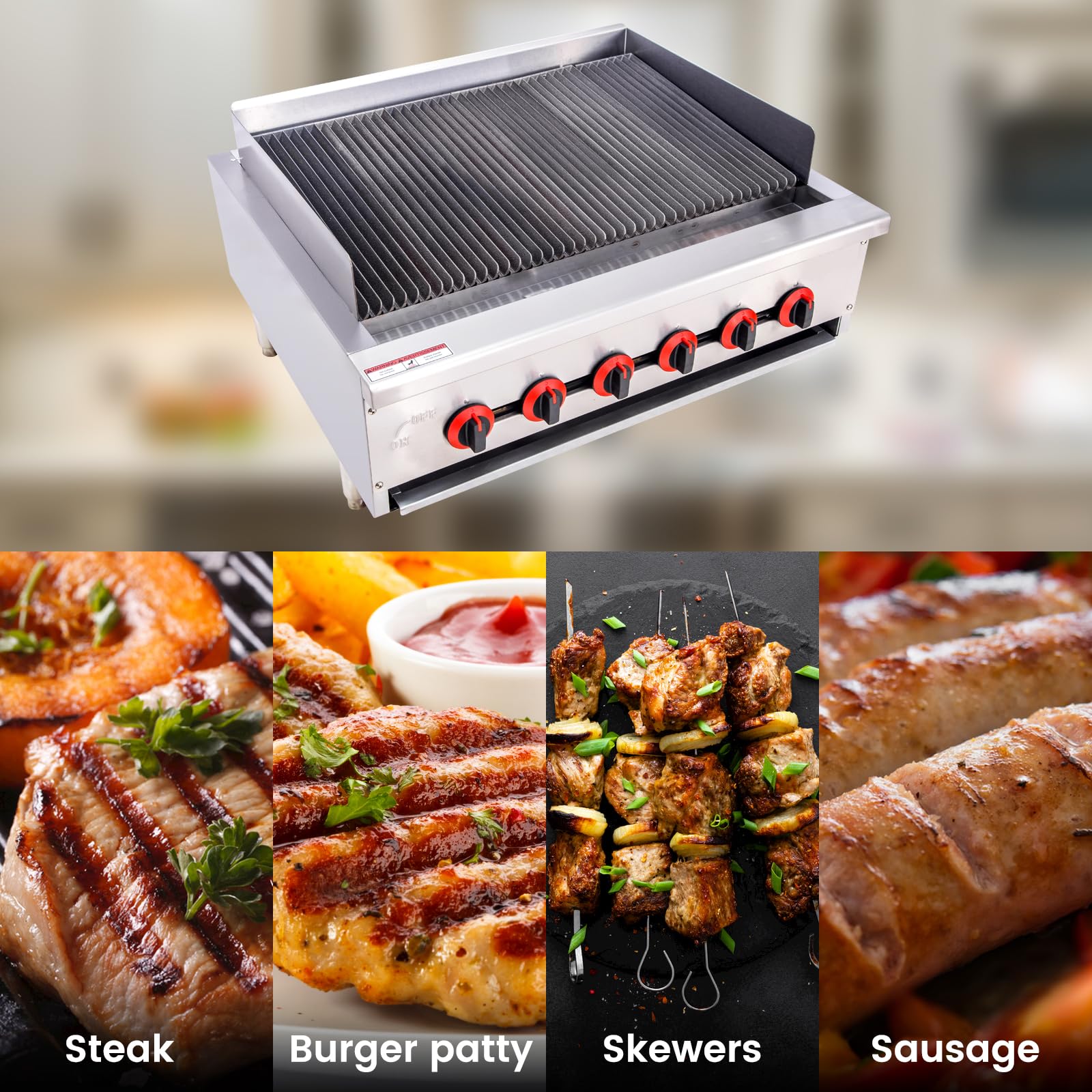 EASYROSE 36" Gas Radiant Charbroiler Grill Countertop Gas with 6 Burner 120,000 BTU, ETL Certified